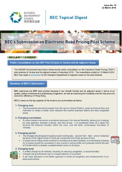 Issue 18: BEC’s Submission on Electronic Road Pricing Pilot Scheme